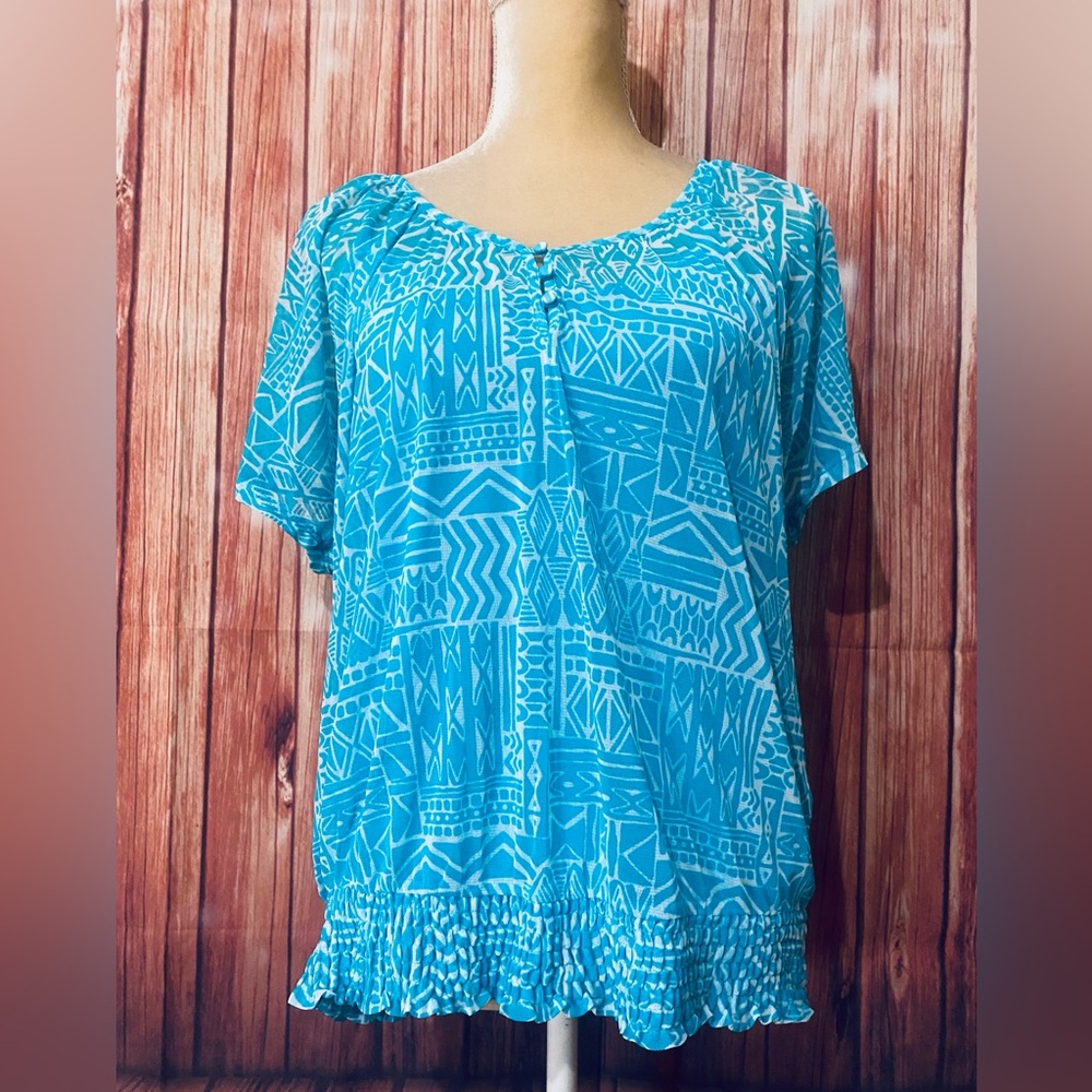Women’s Large Petite Blouse Apt. 9 Blue White Short Sleeves Tank Liner Soft